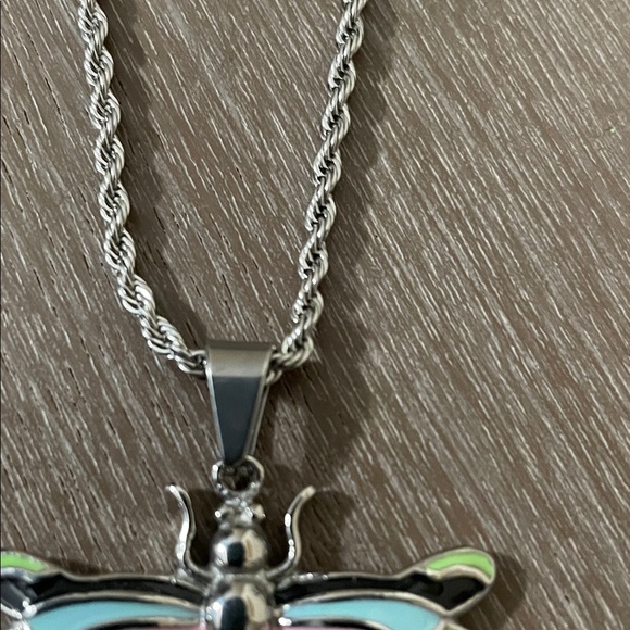 Artisan Silver Dragonfly Necklace with Pink and Green Accents - Picture 7 of 10